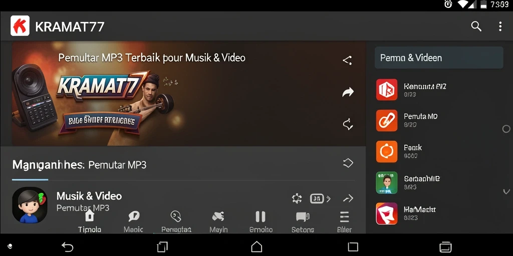 Tampilan antarmuka Pemutar MP3 KRAMAT77 yang menarik dan mudah digunakan.