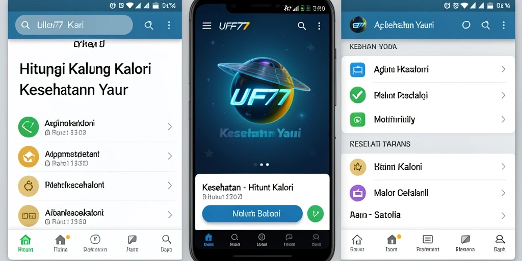 Tampilan antarmuka <strong>UFO77</strong> untuk menghitung kalori dan melihat statistik kesehatan.